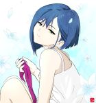  bare_shoulders blue_hair chris_re5 closed_mouth darling_in_the_franxx flower from_side green_eyes half-closed_eyes head_tilt highres holding ichigo_(darling_in_the_franxx) lily_(flower) looking_at_viewer short_hair solo white_flower 