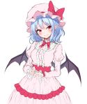  bat_wings blue_hair blush bow bowtie breasts commentary cowboy_shot dress eyebrows_visible_through_hair frilled_dress frills hat hat_bow head_tilt highres juliet_sleeves junior27016 long_sleeves looking_at_viewer medium_breasts mob_cap own_hands_together pink_dress pink_hat pointy_ears puffy_sleeves red_bow red_eyes red_neckwear red_sash remilia_scarlet short_hair simple_background smile solo standing touhou white_background wings 