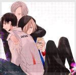  black_hair blonde_hair brown_eyes cellphone closed_eyes green_eyes hood hug jacket jewelry katsuki_yuuri kumakazo19840616 male_focus multiple_boys phone ring silver_hair sitting smartphone smile track_jacket twitter_username viktor_nikiforov yuri!!!_on_ice yuri_plisetsky 