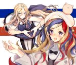  2girls apron bare_shoulders beret black_bow blonde_hair blue_apron blue_eyes blue_hair bow coat commandant_teste_(kantai_collection) dress eriyama_(user_csua4255) hair_between_eyes hat heart heart_hands kantai_collection long_hair looking_at_viewer mole mole_under_eye mole_under_mouth multicolored multicolored_clothes multicolored_hair multicolored_legwear multiple_girls open_mouth pom_pom_(clothes) red_hair richelieu_(kantai_collection) streaked_hair wavy_hair white_dress white_hair 