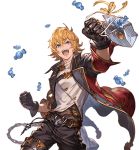  arm_up blonde_hair blue_eyes candy clenched_hands feather_(granblue_fantasy) flipped_hair food granblue_fantasy jacket male_focus minaba_hideo official_art open_clothes open_jacket open_mouth pants shirt smile solo transparent_background upper_body white_day white_shirt wrapped_candy 