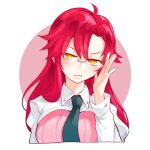  adjusting_eyewear alternate_hairstyle blush breasts glasses hair_down kyougetsu_(junrai) large_breasts long_hair looking_at_viewer necktie open_mouth red_hair solo teacher tengen_toppa_gurren_lagann yellow_eyes yoko_littner yomako 