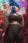  2018 anthro black_bottomwear black_clothing black_fur black_nose black_pants black_shirt black_spots black_topwear blue_eyes blue_hair breasts canine clothed clothing cup dalmatian digital_media_(artwork) digital_painting_(artwork) dog female flower front_view fur hair hi_res holding_cup holding_object low-angle_view mammal midriff multicolored_fur nipple_bulge pants pink_tongue plant portrait shirt solo spots spotted_fur standing tacklebox tank_top three-quarter_portrait tongue tongue_out two_tone_fur white_fur white_tail 