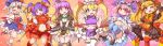 :d :o ;d adapted_costume alternate_hairstyle blush branch clenched_hands commentary_request eyebrows_visible_through_hair feet_out_of_frame fun_bo gradient gradient_background hands_up highres hijiri_byakuren jeweled_branch_of_hourai junko_(touhou) knees_together looking_at_viewer magical_girl multicolored_hair multiple_girls one_eye_closed open_mouth orange_background pink_background saigyouji_yuyuko smile standing standing_on_one_leg touhou v v_over_eye vajra_(object) yagokoro_eirin yakumo_yukari yasaka_kanako yellow_eyes 
