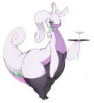  2017 2_fingers 2_toes alcohol antennae beverage clothed clothing dragon eyelashes female feral goodra green_eyes half-closed_eyes legwear nintendo pinup pok&eacute;mon pok&eacute;mon_(species) pose simple_background slime slugbox solo standing stockings thick_thighs toes video_games waiter 
