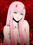  bangs breasts chris_re5 collarbone darling_in_the_franxx eyebrows_visible_through_hair hair_censor hair_over_breasts head_tilt highres horns large_breasts long_hair looking_at_viewer parted_lips pink_hair pink_lips solo straight_hair upper_body very_long_hair zero_two_(darling_in_the_franxx) 