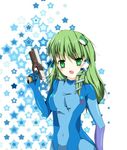  bad_id bad_pixiv_id cosplay gun handgun highres kochiya_sanae long_hair metroid renka913 samus_aran samus_aran_(cosplay) solo touhou weapon zero_suit 