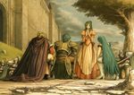  5boys armor bastian belt blonde_hair boots cape castle dress elincia_ridell_crimea fire_emblem fire_emblem:_souen_no_kiseki geoffrey_(fire_emblem) green_hair half_updo izuka_daisuke kneeling long_hair lucia_(fire_emblem) multiple_boys multiple_girls official_art sword thigh_boots thighhighs tree very_long_hair weapon 