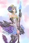  armor armored_dress bad_id bad_pixiv_id bare_shoulders blue_eyes crown dress elbow_gloves gloves grey_hair gwendolyn head_wings multicolored multicolored_wings odin_sphere polearm royal solo spear strapless strapless_dress takamizawa_mayu thighhighs weapon wings 