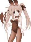  animal_ears axe bardiche breasts bunny_ears bunnysuit fate_testarossa long_hair lyrical_nanoha mahou_shoujo_lyrical_nanoha masakichi_(crossroad) medium_breasts monochrome pantyhose sepia simple_background solo twintails weapon white_background 