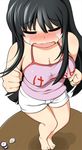  =_= akiyama_mio barefoot black_hair blush breasts camisole cleavage clenched_hands closed_eyes dancing foreshortening k-on! kotatsu_(kotatsu3) large_breasts long_hair open_mouth pink_skirt shirt shorts skirt solo table taut_clothes taut_shirt tears wavy_mouth 