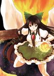  arm_cannon black_eyes black_hair bow cape fire green_bow hair_bow highres long_hair meneru reiuji_utsuho smile solo touhou weapon wings 