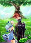  1girl armor bare_shoulders black_armor couple day dress feathers gloves gwendolyn hair_feathers hetero holding_hands long_hair nadir odin_sphere oswald_(odin_sphere) short_hair sky strapless strapless_dress tree white_hair yggdrasil 