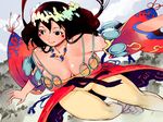  blue_eyes breasts cleavage cloud detached_sleeves facial_mark fingernails head_wreath igarasy japanese_clothes jewelry jumping large_breasts long_fingernails long_hair magatama nature necklace no_bra outdoors pants plump red_hair sky smile solo yaoyorozu 