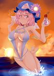  armpits barefoot bikini breasts cleavage feet hat large_breasts pink_eyes pink_hair saigyouji_yuyuko short_hair slingshot_swimsuit smile solo splashing sugamo swimsuit touhou 