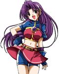  artist_request asamiya_athena brown_eyes fingerless_gloves gloves long_hair lowres midriff purple_hair shorts skirt solo the_king_of_fighters the_king_of_fighters_2002 