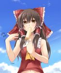  asu_hare bad_id bad_pixiv_id bow brown_eyes brown_hair cloud day food hair_bow hair_tubes hakurei_reimu hands highres hot long_hair looking_at_viewer navel orange_eyes popsicle sexually_suggestive sky solo sweat touhou upper_body 