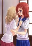  blue_skirt blush fukuji_mihoko heterochromia hug kazekoshi_school_uniform kiyosumi_school_uniform masarou multiple_girls red_hair saki school_uniform serafuku short_hair skirt takei_hisa tears yuri 