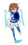  2010_fifa_world_cup blowing brown_hair clothes_writing highres horn_(instrument) japan kusakabe_misao legs lucky_star one_eye_closed short_hair skirt soccer_uniform solo sportswear thighhighs translated va vuvuzela wide_hips world_cup yellow_eyes zukaketawagase 