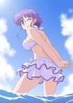  arms_behind_back back bikini bioroid_hei looking_back ocean one_eye_closed purple_eyes purple_hair see-through short_hair solo super_robot_wars super_robot_wars_the_lord_of_elemental swimsuit wading water xenia_grania_bilseia 