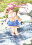  absurdres bad_id bad_pixiv_id barefoot bikini blue_eyes copyright_request highres junkichi long_hair pink_hair ponytail rock skirt solo stream swimsuit wading 