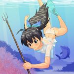  argon ass bad_id bad_pixiv_id bikini black_hair blue_eyes dolphin downblouse flippers freediving ganaha_hibiki idolmaster idolmaster_(classic) long_hair polearm puffy_cheeks see-through shirt solo swimming swimsuit t-shirt trident underwater weapon 