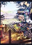  architecture building east_asian_architecture ghost jikan_hakushaku konpaku_youmu konpaku_youmu_(ghost) looking_back multiple_girls no_nose outdoors saigyouji_yuyuko scenery shadow stone_lantern sword touhou tree weapon wince wind 