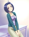  ahoge blouse blue_hair breasts casual cleavage head_tilt idolmaster idolmaster_(classic) idolmaster_2 leaning long_skirt medium_breasts miura_azusa muhi11234 purple_eyes short_hair skirt smile solo tan_skirt v_arms 