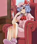  blue_hair chair crossed_legs desk fang hand_on_own_face hat ooike_teru red_eyes remilia_scarlet shoes sitting smile solo touhou 