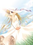  artist_request bag blonde_hair day dress fish grass happy_breeding hat highres long_hair pointy_ears red_eyes solo sundress wind 
