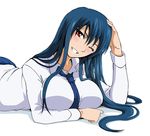  arm_support between_breasts blue_hair breasts diamond_cut_diamond hand_on_own_head kenji_t1710 large_breasts long_hair lying necktie official_art on_stomach one_eye_closed red_eyes shigyou_yuuyami shirt smile solo 