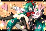  boots bow bowtie green_eyes green_hair hair_bow hair_ribbon hat hatsune_miku headset heart knee_boots long_hair necktie open_mouth pointing ribbon rionoil sitting skirt solo top_hat twintails very_long_hair vocaloid 
