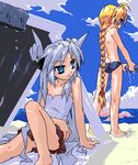  bad_id bad_pixiv_id barefoot beach blonde_hair blue_eyes borrowed_character bow braid cloud day flat_chest girl_with_a_blonde_braid_(tomoshibi_hidekazu) hair_bow long_hair lowres mof's_silver_haired_twintailed_girl multiple_girls ocean oekaki original outdoors ponytail silver_hair skirt sky tomoshibi_hidekazu twintails water wet 