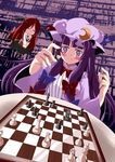  bat_wings be_(o-hoho) bespectacled blush board_game book bow bowtie chess chibi closed_eyes dress flying glasses hair_bow hair_ribbon hat head_wings highres koakuma long_hair multiple_girls patchouli_knowledge purple_eyes purple_hair red_hair ribbon sweat touhou wings 