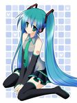  aqua_hair bad_id bad_pixiv_id boots detached_sleeves green_eyes hatsune_miku headset long_hair necktie rionoil sitting skirt smile solo thigh_boots thighhighs twintails very_long_hair vocaloid wariza 