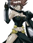  breasts brown_hair crop_top green_eyes grenadier grin gun large_breasts midriff navel oomidou_setsuna smile solo strapless tubetop weapon wyvern07 