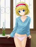  alice_margatroid arm_support bad_id bad_pixiv_id blonde_hair blue_eyes collarbone expressionless flat_chest hairband highres lamp looking_at_viewer no_pants panties short_hair side-tie_panties solo sweater touhou tucana underwear 