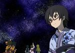  akiyama_mio black_hair brown_eyes commentary_request errant glasses hirasawa_yui japanese_clothes k-on! kimono kotobuki_tsumugi manabe_nodoka multiple_girls nakano_azusa night night_sky polka_dot polka_dot_kimono red-framed_eyewear semi-rimless_eyewear short_hair sky tainaka_ritsu tanabata under-rim_eyewear yukata 