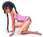  accessory_tan all_fours barefoot black_hair brown_eyes casual_one-piece_swimsuit dark_skin feet from_side full_body k-on! legs long_hair looking_at_viewer nakano_azusa one-piece_swimsuit open_mouth pink_swimsuit ru_pickman shirt_tan shorts_tan simple_background solo swimsuit tan tanline twintails white_background 