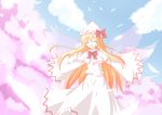  ^_^ baram blonde_hair bow capelet cherry_blossoms closed_eyes cloud day hat lily_white long_hair open_mouth outstretched_arms sky smile solo spread_arms touhou wings 