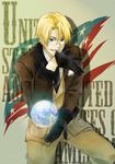  america america_(hetalia) american_flag axis_powers_hetalia bad_id bad_pixiv_id blonde_hair blue_eyes earth glasses gloves grin jacket kaji-yumi male_focus military military_uniform smile solo uniform 