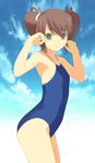  armpits blue_swimsuit brown_eyes brown_hair cowboy_shot day eyebrows_visible_through_hair flat_chest hands highres light_smile mibu_natsuki one-piece_swimsuit original short_twintails sky solo swimsuit twintails w_arms 