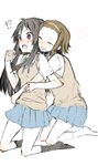  2girls akiyama_mio awa_(houteishiki) black_hair blush brown_hair closed_eyes hairband heart hime_cut hug hug_from_behind k-on! kneehighs kneeling long_hair multiple_girls purple_eyes school_uniform short_hair sketch skirt socks sweater_vest tainaka_ritsu yuri 