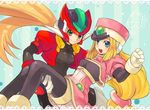  aile bad_id bad_pixiv_id blonde_hair blue_eyes bodysuit carrying green_eyes hat helmet long_hair model_zx multiple_girls open_mouth pantyhose ponytail prairie princess_carry rockman rockman_zx smile touge78 