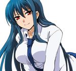  bad_id bad_pixiv_id between_breasts blue_hair breasts diamond_cut_diamond kenji_t1710 large_breasts leaning long_hair necktie official_art red_eyes shigyou_yuuyami shirt smile solo 