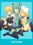  2girls aqua_eyes aqua_hair blonde_hair detached_sleeves hair_ornament hair_ribbon hairclip hatsune_miku holding_hands kagamine_len kagamine_rin long_hair matsyumaro multiple_girls ribbon siblings skirt smile thighhighs twins twintails vocaloid zettai_ryouiki 