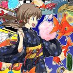  bag bagged_fish brown_hair cotton_candy cropped fan festival fish goldfish hair_bobbles hair_ornament hairclip japanese_clothes kimono kintaro kooribata lowres mosquito_coil obi original paper_fan sash seigaiha shaved_ice solo twintails uchiwa yukata 