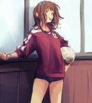  amami_haruka bad_id bad_pixiv_id brown_hair buruma green_eyes gym_uniform idolmaster idolmaster_(classic) mouth_hold short_hair solo tnmp volleyball whistle 