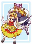  absurdres animal_ears blonde_hair dress ekus_(xo_ekus) gradient_hair hair_ornament highres hijiri_byakuren hug hug_from_behind kemonomimi_mode long_hair multicolored_hair multiple_girls shawl short_hair tail tiger_ears tiger_tail toramaru_shou touhou yellow_eyes 