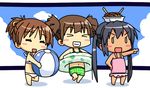  &gt;_&lt; ball beachball bikini black_hair blush_stickers brown_hair chibi closed_eyes grin hair_ribbon hirasawa_ui innertube k-on! k10k long_hair multiple_girls nakano_azusa o_o object_on_head one-piece_swimsuit pink_swimsuit pointing ponytail ribbon short_hair smile suzuki_jun swimsuit tan twintails yakisoba 